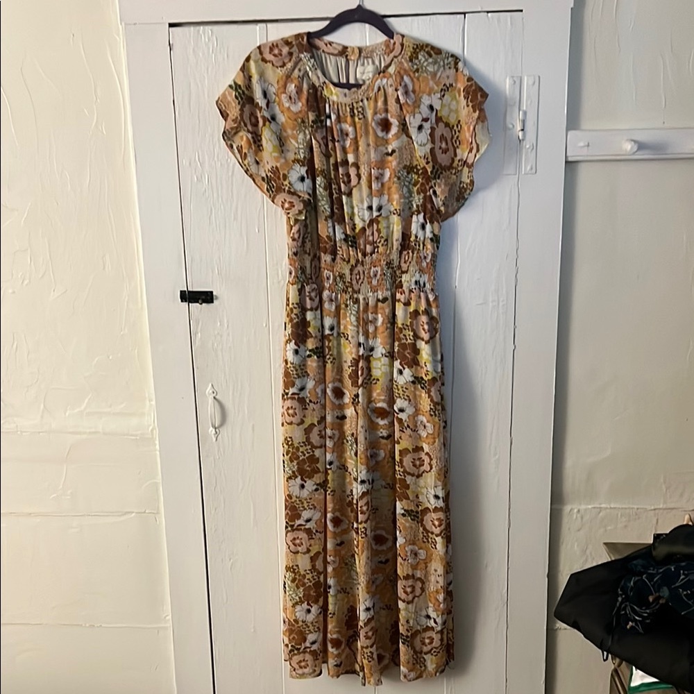 MELLODAY Cream and Brown Ruffled Smocked Jumpsuit